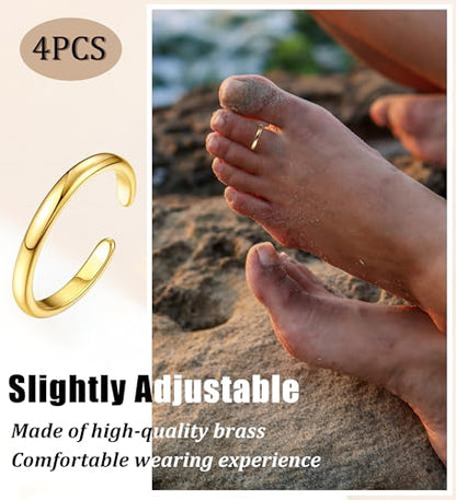 4Pcs 14K Gold Plated, White Gold Plated Toe Rings for Women | Silver Toe Rings, Hug CZ, Triple Twist, Simple Band, Open Toe Rings, Adjustable, Waterproof - color: Gold