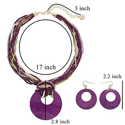 Coiris Multi Strand Statement Colorful Beaded Necklace with Big Circle Shell Pendant for Women - color: Purple