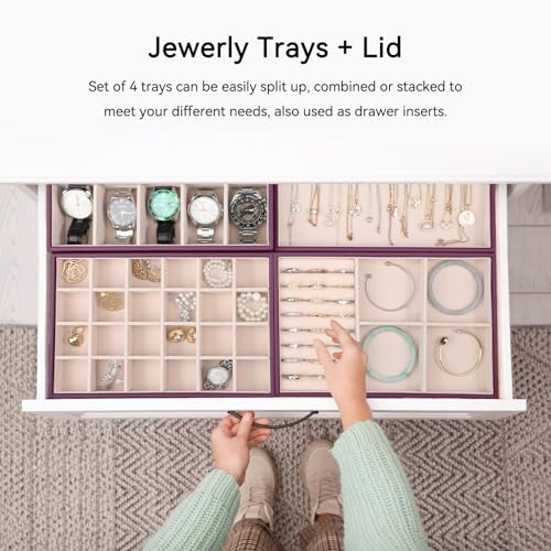 Voova Stackable Jewelry Organizer Tray with Lid (Set of 4, Purple) | Stackable PU leather jewelry trays with drawer inserts for earrings, rings, necklaces, bracelets and watches; set of 4 - color: Purple