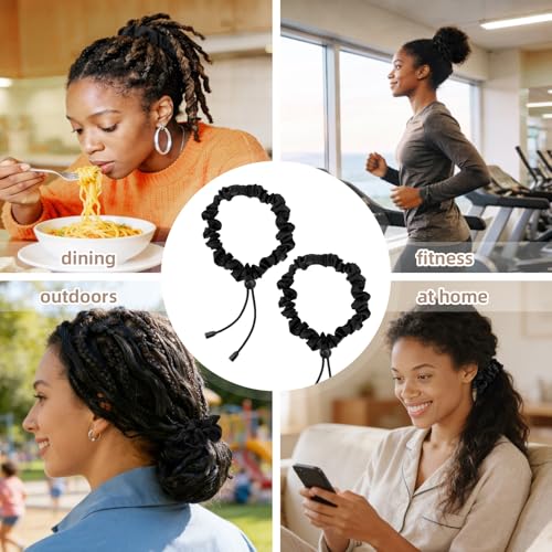 2 Pcs Adjustable Black Hair Ties, Elastic Satin Headband Satin Hair Scrunchies for Women Girls Thick Curly Hair, Afro Puff Ponytail, Natural& Curly Hairstyle