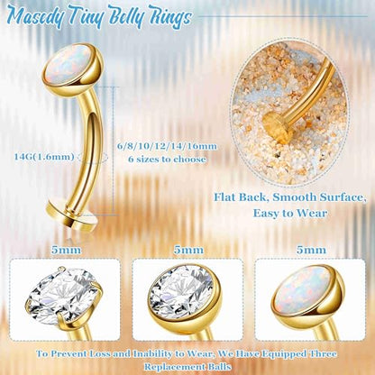 3PCS 14G Surgical Steel Floating Belly Button Ring for Women Petite Belly Rings CZ Opal Flat Back Small Navel Ring with 3PCS Replacement Balls Internally Threaded Tiny Belly Piercing 6-16MM - color: Gold, size: 14mm（Long)