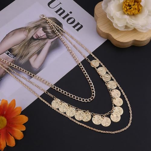 Todenb Layered Gold Pirate Necklace for Women Chunky Chain Pirate Jewelry 80s 90s Coin Pendant Necklace Pirate Costume Accessories - color: cir g