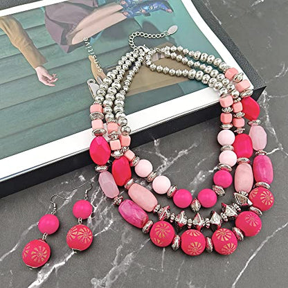 Bocar 3 Layer Chunky Statement Beaded Necklace and Earrings Set, Fashion Multi Layer Women Collar Necklace Jewelry Set - color: Bright Rose-Sliver