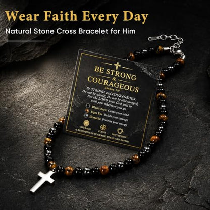 Beaded Cross Necklace Gifts for Men - Triple Protection Black Onyx Obsidian Tiger Eye Natural Stone Necklace Stainless Steel Cross Pendant Stress Relief Balance Faith Jewelry Gifts for Husband Dad Son - color: Joshua 1:9