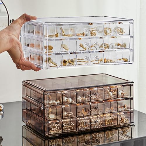 Earring Organizer Box Acrylic Stackable Jewelry Organizer with 3 Drawers 72 Small Compartments Clear Jewelry Display Stand for Stud Earring Ring Pin Display (Transparent) - color: Transparent