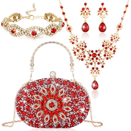 Quelay 4 Pcs Purse Rhinestone Jewelry Set Women | Wedding Bridal Prom Jewelry Sparkly Clutch Handbag with Necklace Bracelet Dangle Earrings Shiny Costume Kit - color: Red, style: Elegant