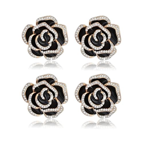 coadipress 4 Pcs Camellia Flower Brooch Pin for Women Ladies Crystal Rhinestone Black Red Floral Brooches Dress Clothing Accessory Wedding Party Birthday Jewelry - color: Black