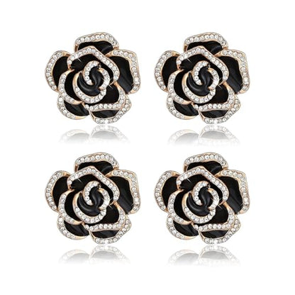 coadipress 4 Pcs Camellia Flower Brooch Pin for Women Ladies Crystal Rhinestone Black Red Floral Brooches Dress Clothing Accessory Wedding Party Birthday Jewelry - color: Black