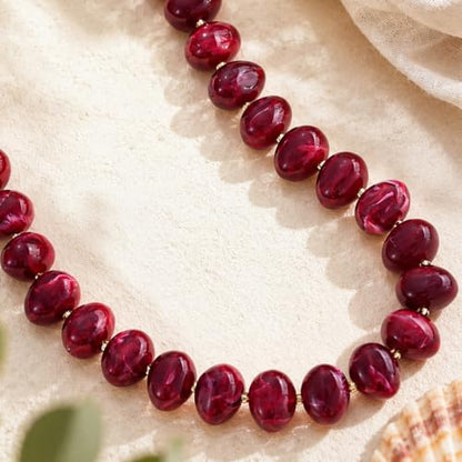 Colorful Chunky Beaded Necklaces for Women Multicolor Large Round Resin Beads Collar Necklace Boho Trendy Statement Chokers Y2K Summer Beach Jewelry - color: Burgundy-Oval