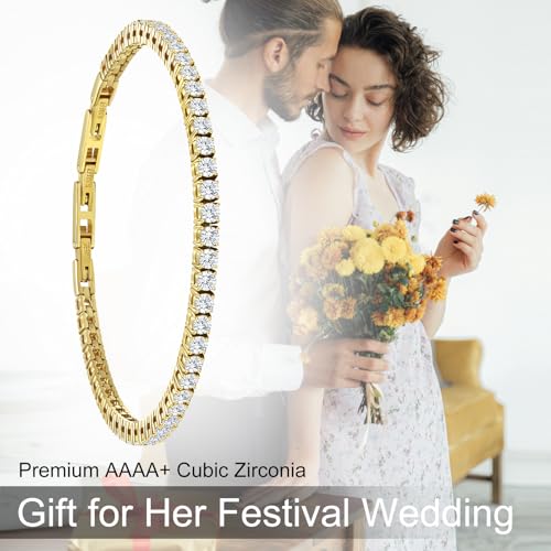 Stainless Steel Adjustable CZ Tennis Bracelet for Women Men | 14K Gold Plated, Round 3mm/4mm/5mm AAAA+ Cubic Zirconia, Dainty Classic, Festival Wedding Jewelry Gift - color: Gold, size: CZ 3mm
