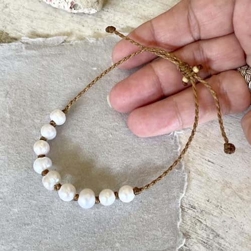 Natural Freshwater Pearl Bracelet or Anklet for Women, Casual Beach and Surfer Style on Hand Spun Rope Cord, Handmade by Beach Soul - style: Anklet