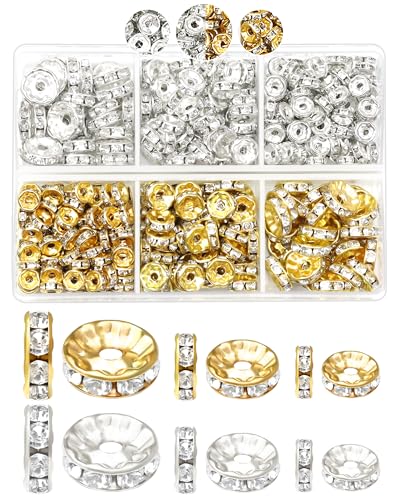 FIVEIZERO 300PCS Gold Silver Rhinestone Spacer Beads, 6/8/10mm | 1.5/2/2.5mm Holes, Secure Inlay, Organized Box, For Beaded Pens, Bracelets, Necklaces, Earrings, DIY Crafts - color: Silver/Gold,6mm/8mm/10mm