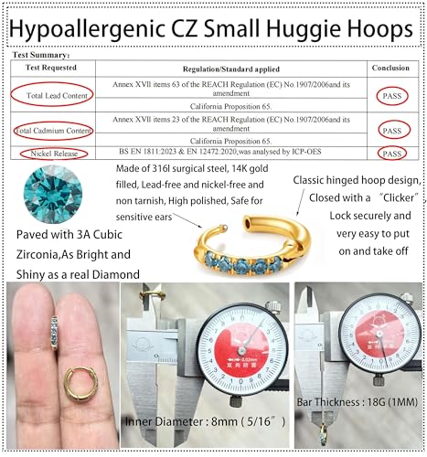 Hypoallergenic Unisex Surgical Steel Small Cubic Zirconia Huggie Hoop Earring, Color Gold - Silver - Rose Gold - Black - Rainbow, Size 6mm- 12mm Safe for Sensitive Ear - style: P07 : 8mm - gold - blue cz