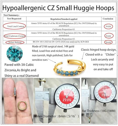 Hypoallergenic Unisex Surgical Steel Small Cubic Zirconia Huggie Hoop Earring, Color Gold - Silver - Rose Gold - Black - Rainbow, Size 6mm- 12mm Safe for Sensitive Ear - style: P07 : 8mm - gold - blue cz