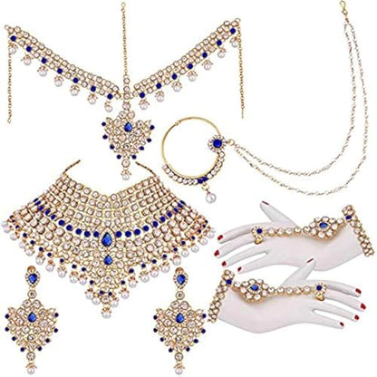 Aheli Bollywood Style Indian Bridal Choker Necklace Matha Patti Nose Ring Haath Phool Wedding Fashion Bharatanatyam jewellery set for Women - color: Blue