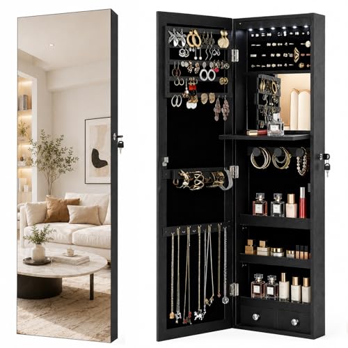 Lockable Jewelry Cabinet Organizer with Full Length Mirror, 6 Auto LED Lights, Wall & Over Door Mount Jewelry Armoire with Earring Slots, Necklace Hooks, Foldable Makeup Shelf - color: Black