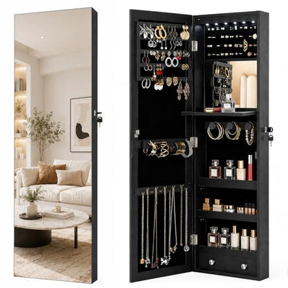 Lockable Jewelry Cabinet Organizer with Full Length Mirror, 6 Auto LED Lights, Wall & Over Door Mount Jewelry Armoire with Earring Slots, Necklace Hooks, Foldable Makeup Shelf - color: Black