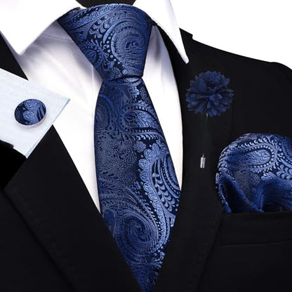 GUSLESON Paisley Tie Set for Men 3.15" Necktie Lapel Pin Hankerchief Cufflinks Set for Men - color: Navy Blue