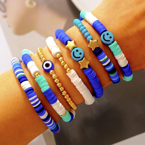 Friendship Bracelets for Women - Heishi Surfer Colorful Smile Evil Eye Clay Beaded Stretch Bracelets Elastic Layering - Stackable Boho Disc Y2K Aesthetic Summer Jewelry Set. - color: Smile-7pc-Blue