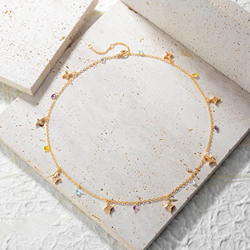 MTMY Beaded Necklaces for Women 14K Gold Plated Dainty Colorful Green/Rose Beaded Pearl Choker Necklace Delicate Boho Choker Necklace Jewelry Gift - style: CZ star tassel