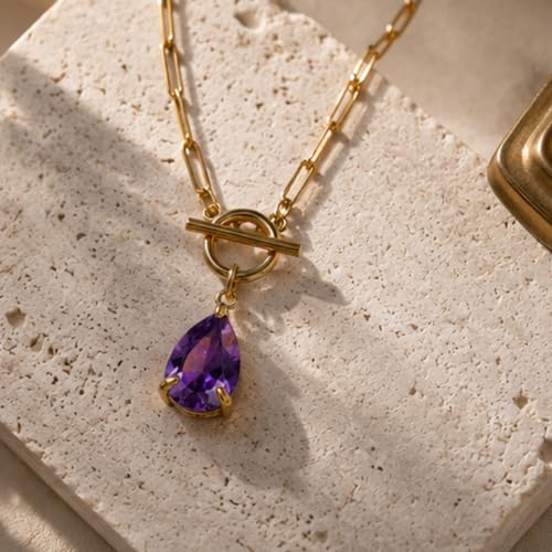 Teardrop CZ Pendant Paperclip Chain Necklace 18K Plated Paperclip Toggle Necklace Jewelry Birthstone Gift for Women - color: Amethyst-February