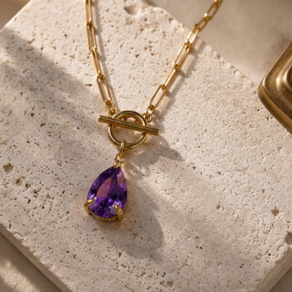 Teardrop CZ Pendant Paperclip Chain Necklace 18K Plated Paperclip Toggle Necklace Jewelry Birthstone Gift for Women - color: Amethyst-February
