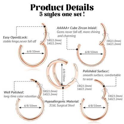FUNLMO 3Pcs Nose Rings Double Hoop Nose Ring Conch Daith Tragus Helix Rook Piercing Jewelry Surgical Steel Cartilage Earring Conch Hoop Earring Septum Jewelry Lip Ring - color: Style 3: Rose gold,5pcs