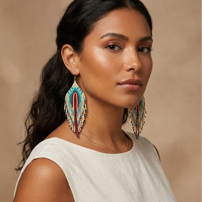 Bohemian Tassel Colorful Beaded Earrings For Women Trendy, Long Fringe Feather Drop Jewelry Handmade Gifts. - color: color2