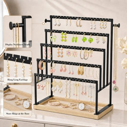 Large 5 Tier Earring Organizer and Holder, Black | 100+ pair earring storage, jewelry holder stand, clean white finish, ideal for bright bedrooms and modern vanities - color: Black