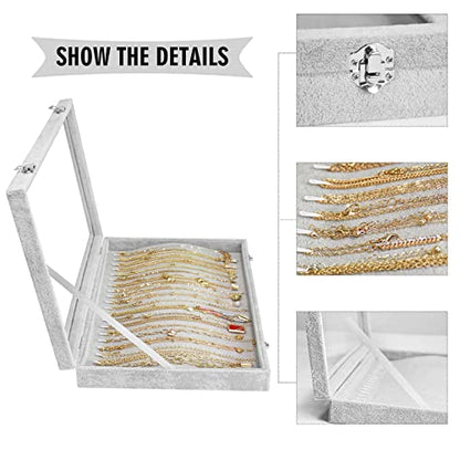 Siveit Necklace Organizer Box Premium 20 Hooks Necklace Display Jewelry Tray with Transparent Lid Jewelry Necklace Display Box for Necklace Pendants Suitable for Women and Girls (Grey) - color: Grey