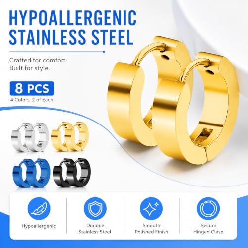 4 Pairs Unisex Hoop Earrings Set – 4 Color Stainless Steel Small Huggie Earrings for Men & Women (Gold, Silver, Black, Blue) | Hypoallergenic Ear Piercing Jewelry