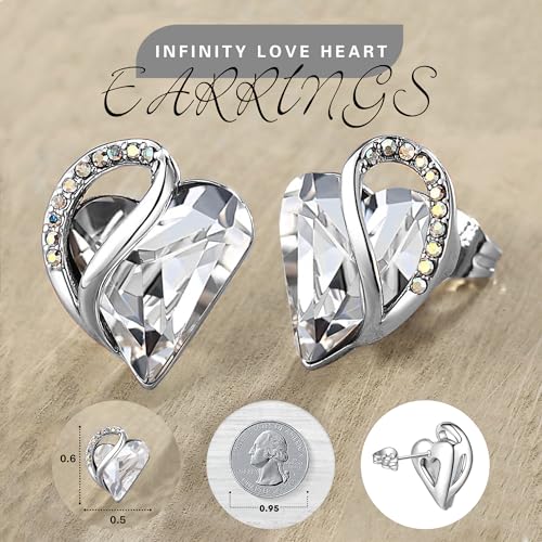 Infinity Love Heart Stud Earrings for Women, Birthstone and Healing Stone, Gifts for Mom, Wife, and Her, Silver Plated - color: 04a-April-Clear White Crystal