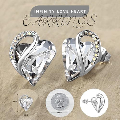 Infinity Love Heart Stud Earrings for Women, Birthstone and Healing Stone, Gifts for Mom, Wife, and Her, Silver Plated - color: 04a-April-Clear White Crystal