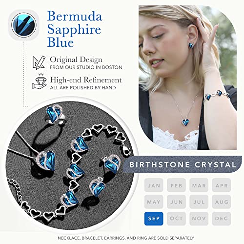 Leafael Infinity Love Heart Gift Bracelet for Women, Birthstone or Healing Stone Crystal, Silver Tone Birthday Jewelry for Her, Mom, and Wife, 7-inch Chain and 2-inch Extender - color: 09a-September-Bermuda Sapphire Blue