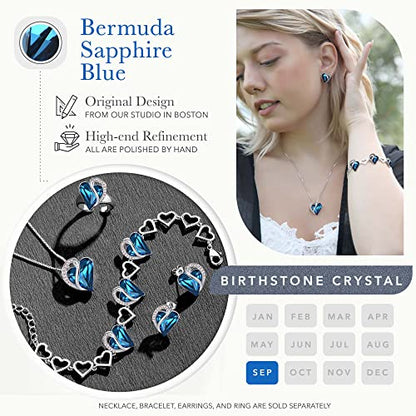 Leafael Infinity Love Heart Gift Bracelet for Women, Birthstone or Healing Stone Crystal, Silver Tone Birthday Jewelry for Her, Mom, and Wife, 7-inch Chain and 2-inch Extender - color: 09a-September-Bermuda Sapphire Blue