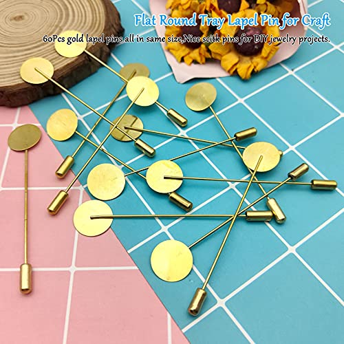 60Pcs Flat Round Tray Lapel Pin for Craft,Gold Safety Stick Pins Stainless Steel Brooch Pin Needle Suit Tie Hat pin Scarf Badge for DIY Costume Jewelry Making Accessories - color: Gold