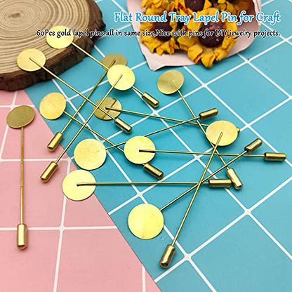 60Pcs Flat Round Tray Lapel Pin for Craft,Gold Safety Stick Pins Stainless Steel Brooch Pin Needle Suit Tie Hat pin Scarf Badge for DIY Costume Jewelry Making Accessories - color: Gold