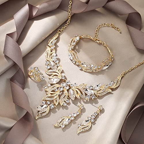 EVER FAITH Bridal Wedding Marquise Crystal Leaf Cluster Statement Y-Shaped Necklace Earrings Bracelet Ring Set for Prom - color: Clear Gold-Tone