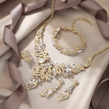 EVER FAITH Bridal Wedding Marquise Crystal Leaf Cluster Statement Y-Shaped Necklace Earrings Bracelet Ring Set for Prom - color: Clear Gold-Tone