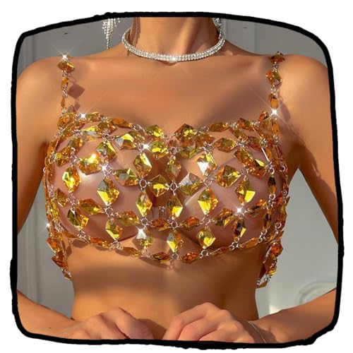 Rhinestones Body Chain Suit Silver Crystal Bikini Bra Underwear Sexy Sparkly Party Body Jewelry Accessories for Women - color: Gold