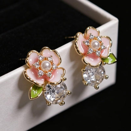 Exquisite Zircon Colorful Enamel Whimsical Floral Stud Earrings for Women Banquet Party Earrings Jewelry Gifts - color: gold