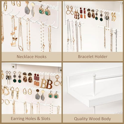 Lolalet Wall Mount Hanging Jewelry Organizer -Set of 2, White | Versatile Hanging Holder with Hooks for Earrings, Bracelets and Necklaces, Easy to Install on Bathroom Wall - color: White