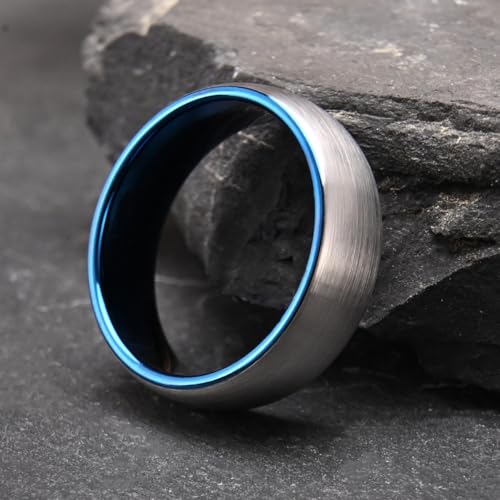 Tungsten Rings for Men Black Golden/Silver Blue Wedding Band | 7MM Mens and Women Engagement Wedding Rings Matte Brushed and High Polish Suitable for Couples' Anniversaries and Parties - color: 7mm silver and blue