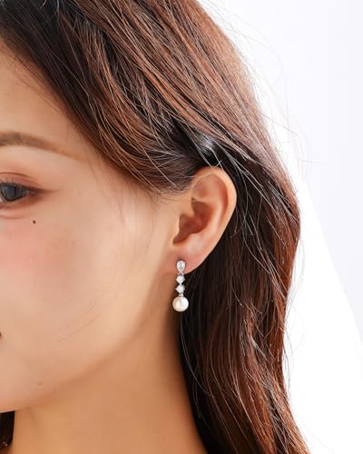 Pearl Earrings for Women, 14k Gold Plated Trendy Diamond Pearl Drop Earrings Bridal Shower Gifts Wedding jewelry for Women - color: Style F Silver