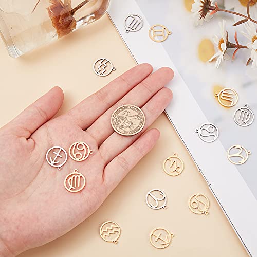 UNICRAFTALE 24pcs Zodiac Sign Charms Golden & Stainless Steel Color Round with Constellations Pendants Stainless Steel Pendants Metal Charms for Jewelry Making 18mm Long