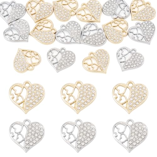 Elecrelive Crystal Heart Charms Rhinestone Heart Pendants Valentine Charms for Necklace Bracelet Earring Wedding Jewelry - color: Platinum & Golden