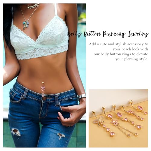 5pcs Gold Plated Pink Dangle Belly Button Rings, Clear CZ Belly Button Jewelry, Butterfly Bow Flower Cute Belly Button Rings for Women, Stainless Steel Dainty Dangly Dangling Belly Button Piercing