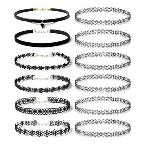 BodyJ4You 12PC Tattoo Choker Necklace - 90s Accessories 2000s Jewelry Y2K Fashion Vintage Trendy - Rainbow Goth Black Pink Green Blue White - Adjustable Stretchy Elastic Necklace Summer Vacation Set - color: Gothic Black