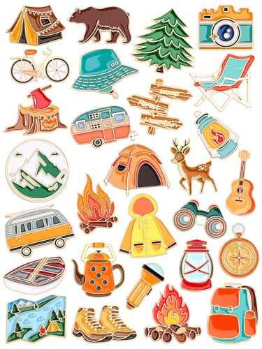 JUNEBRUSHS 28 pcs Camping Enamel Funny Outdoors Adventure Brooch Pins Lapel Pins for Camping Adventure Birthday Party Decorations Gift Supplies Clothes Backpacks Decor Accessories - style: Camping Style
