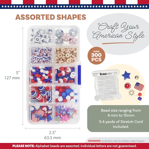 The Beadsmith USA Bead Mix Assortment – Red White and Blue Beads with American Flags & Soccer Balls, Includes 5.4 yd (16.1 ft) Stretch Cord in 0.8 mm Dia, 250 Anniversary USA Merchandise Beads